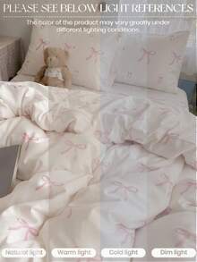 2/3pcs Ins Style White & Pink Bow Pattern Bedding Set, Soft Breathable Wrinkle-Resistant, Reversible Dual-Color Duvet Cover*1 Pillowcase*1/2 - Pink - View 4