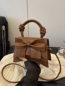 Solid Color Pleated Edge Handbag, Flap Crossbody Bag For Women, Retro Floral Print Tote,Business Professional Women - Coffee - View 3