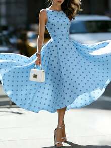 DONICY Women's Blue Sleeveless Round Neck Pleated Waist Flare Midi Dress, Casual Vacation Style For Summer - Blue - View 6