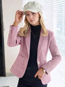 Women's Wool Blend Blazer Jacket, Premium Quality, 2026 Autumn/Winter New Slim Fit Flattering Thickened Suit Top - Pink - View 9