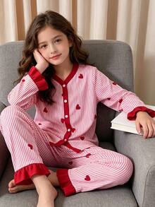 Girls Striped Heart Print Button Front Pajama Set, Ruffle Trim Long Sleeve Top+Pants, Soft Cute Tween Girl Sleepwear Loungewear For Home,Christmas,Parties - Pink - View 3