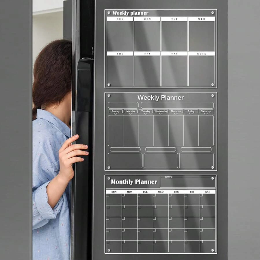 Transparent Acrylic Self-Adhesive Refrigerator Planning Board, Erasable Weekly Monthly Calendar Whiteboard, Home Kitchen Fridge Memo Notepad, Family Schedule Meal Planner Note Board - Multicolor - View 1