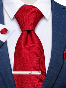 Bộ 4 món phụ kiện nam cà vạt họa tiết paisley đỏ kèm khăn tay, khuy măng sét và kẹp cà vạt màu bạc cho đám cưới tiệc cưới - Đỏ - Xem 1