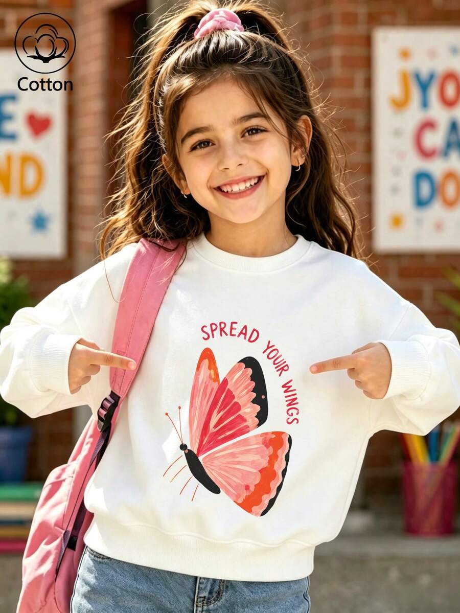 Girls' White Crew Neck Sweatshirt With A Playful Hand Painted Pink Butterfly Print - White - View 1