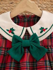Autumn/Winter Toddler Girls Christmas Holiday Red Plaid Embroidered Collar Long Sleeve A-Line Dress - Multicolor - View 3