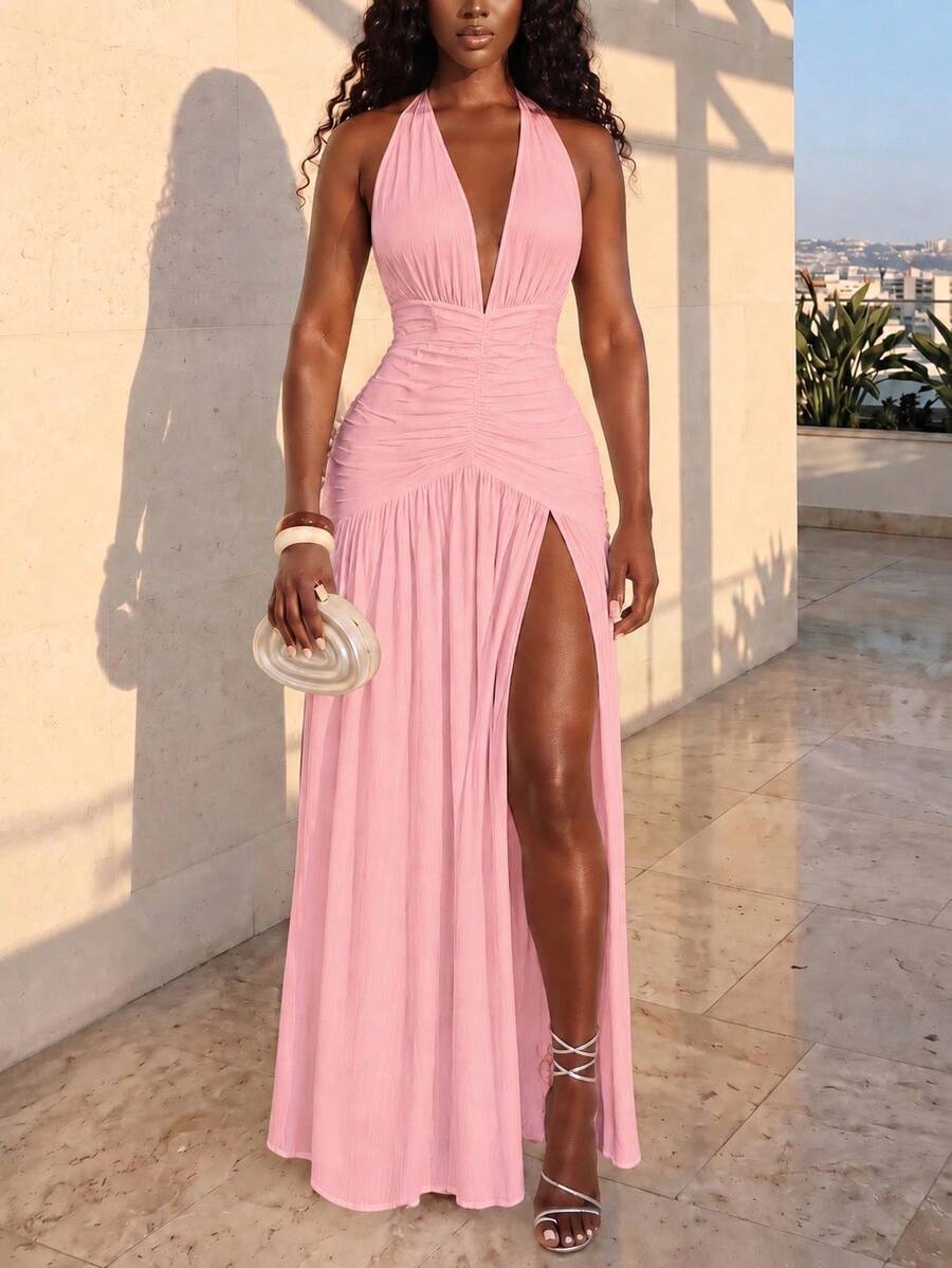 Sexy Halter Neck Tie Deep V-Neck High Slit Patchwork Pleated Backless Knit Dress - Pink - View 1