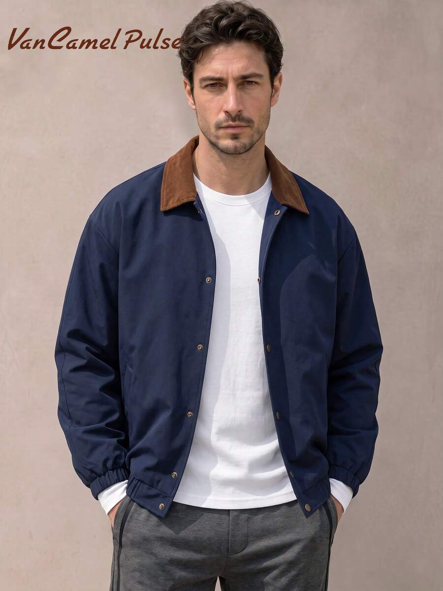 Vancamel Pulse Men's Spring/Autumn Solid Color Lightweight Baseball Jacket, Loose Fit Comfortable Sports Outdoor Top With Large Pocket Design - Navy Blue - View 1