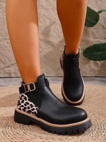 Women's Leopard Print Patchwork Mid-Calf Boots, Vintage Fashion Versatile Slip-On Boots, Autumn/Winter - Black - View 7