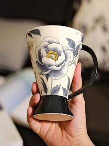 1 Flower Ceramic Coffee Cup, Flower Patterned Conical Ceramic Tea Cup, Black Handle And Base Coffee Drinking Cup, Unique Desktop Decoration, Suitable For Daily Household Use, Office, Friends And Colleagues, Coffee Enthusiasts As A Housewarming Gift - Multicolor - View 14