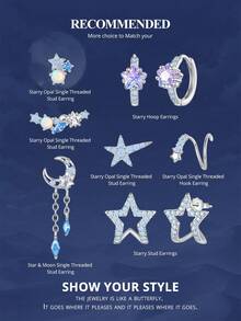 Bamoer 1pc Anting Tunggal Bintang Opal Perak Sterling 925 dengan Sekrup Belakang, Perhiasan Telinga Piercing Helix Kristal Bulan dan Bintang Surgawi untuk Wanita, Termasuk Kotak Hadiah - Perak - View 10
