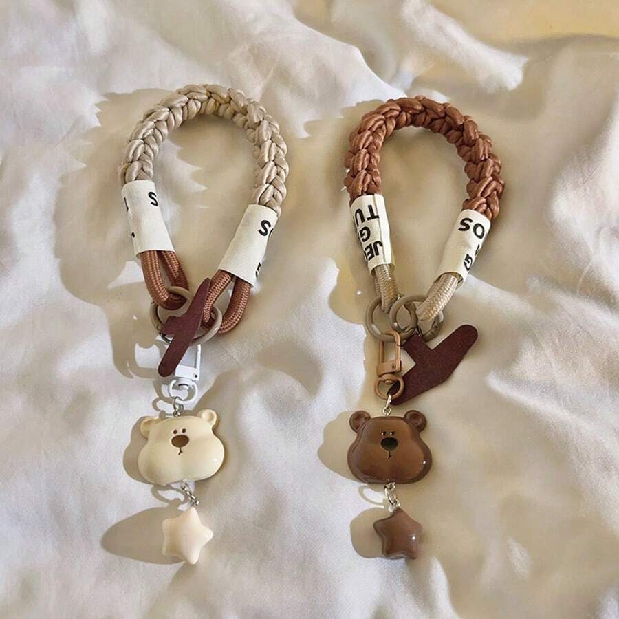1pc Cartoon 3D Bear Head & Star Pendant Accessory, Woven Nylon Short Wrist Strap For Phone Case, Versatile Wristband, Cute Fun Women's CCD Keychain, Portable Durable Hand Loop - Multicolor - View 1
