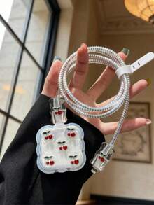 5pcs/Set Red Cherry Resin TPU Charger Cable Decorative Protective Cover, Compatible With UK 20W Charger For IPhone 17 Series - Multicolor - View 2