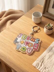 1pc/6pcs Christian Faith Jesus Cute Graphic Aesthetic Acrylic Keychains, Includes Colorful Retro Letter Collage, Open Arms Cartoon Jesus Wearing "Jesus Loves You" Red Strap, Irregular Shaped Pendant - Multicolor - View 8