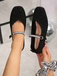 One-Strap Mary Jane Flat Shoes, Mesh Upper, Ankle Strap With Rhinestone Decoration - Black - View 4
