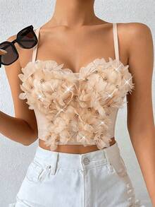 Áo bustier xương cá đính hoa có đệm ngực, áo hai dây camisole sexy cao cấp đi club, có thể mặc làm lớp lót hoặc mặc ngoài - Màu be - Xem 3