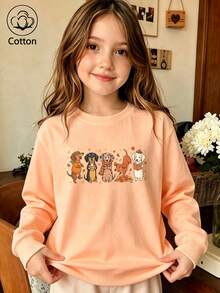 Halloween Cotton Girls' Crew Neck Pullover Sweatshirt, Loose Fit For Autumn & Winter, Cartoon Bat, Pumpkin And Balloon Prints, Cute Sweet Preppy Style - Hami Melon Orange - View 3