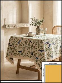 1pc Beige Base Green Branch & Blue Bird Print Tablecloth, French Fresh Style Linen Blend Fabric, Square Shape With Beige Tassel Edge Detail, Stain-Resistant Desktop Protector, Functional Dining Table Cloth Suitable For Daily Breakfast And Cozy Home Decor Scenes - Beige - View 18