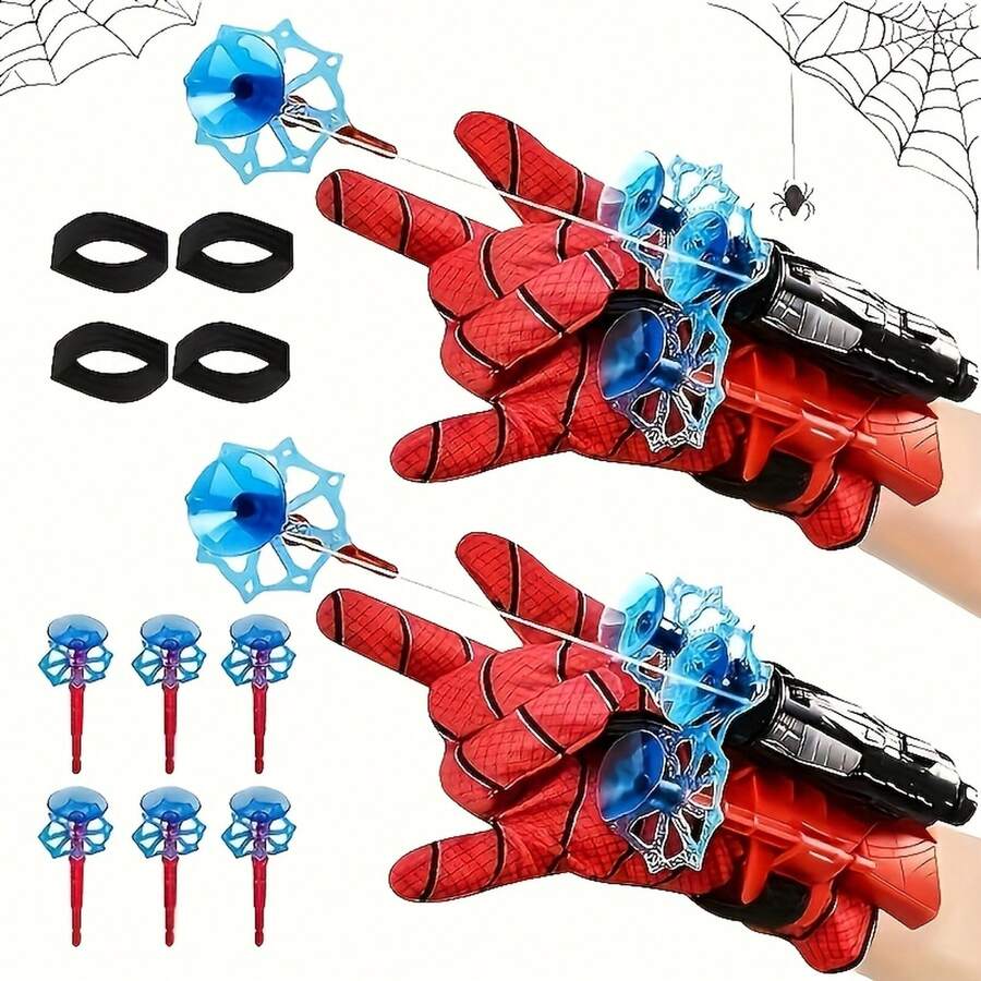 1 juego lanza arañas: 6 balas,4 muñequeras,guantes y cuerdas.Regalo divertido para regreso a clases,Halloween o Navidad,ideal para bolsas de obsequio.Juguetes antiestrés para fiestas y cumpleaños. - Rojo y azul - Ver 1