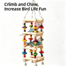 1pc Bird Swing Ladder Toy, Bird Rocking Exercise Climbing Hanging Ladder, Bird Toy, Bird Supplies, Wooden Parrot Hammock, Parrot Climbing Rack With Hanging Chain (Random Color Bell Beads Wooden Blocks) - Apricot - View 2