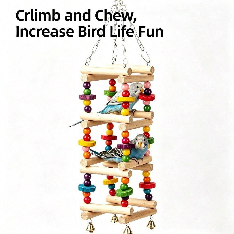 1pc Bird Swing Ladder Toy, Bird Rocking Exercise Climbing Hanging Ladder, Bird Toy, Bird Supplies, Wooden Parrot Hammock, Parrot Climbing Rack With Hanging Chain (Random Color Bell Beads Wooden Blocks)