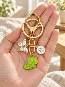 Cute Green Caterpillar Butterfly Letter Keychain, Gold Enamel Bag Charm, Women's Key Ring Gift - Multicolor - View 3