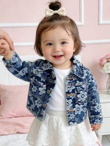 Baby Girls Spring Fall Floral Print Denim Jacket Denim Top Denim Outerwear Button Front Long Sleeve Pockets Casual All Season Outdoor Wear - Blue - View 2