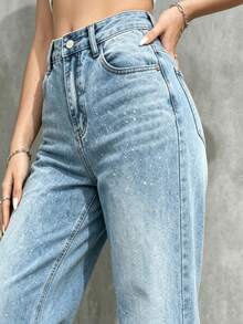 DG XUNLIN MODA Pantalones de mezclilla de mujer jeans de mujer Pantalones Vaqueros Rectos de Cintura Alta para Mujer, Lavado Azul Claro con Pedrería Brillante, Corte Holgado Disimula Caderas, Estilo Casual - Azul claro lavado - Ver 6