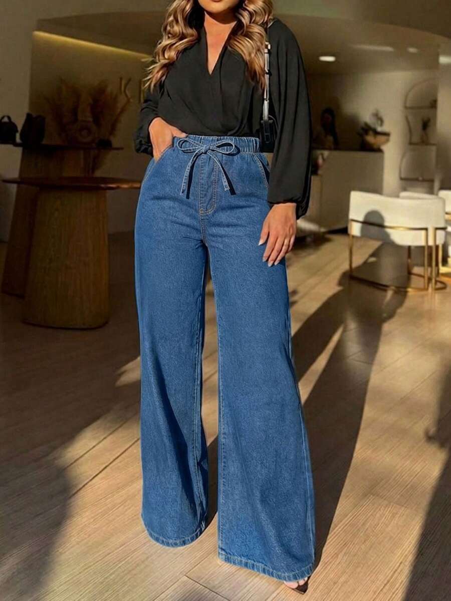 Women's Casual Elegant Lightweight Wide Leg Denim Jeans With Drawstring Waist And Pockets, Long Non-Stretch Boho Style Pants For Fall - Dark Wash - View 1