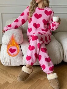 Sweet & Cool Contrast Color Heart Flannel 2-Piece Loungewear Set, All-Over Heart Pattern Vibrant & Playful, All-Match Crew Neck Design Simple & Timeless. Soft Plush Long Fur Skin-Friendly Warmth-Locking, Loose Fit Non-Restrictive, Easy Movement, Complete Set Effortless & Versatile, Suitable For Daily Home, Dorm Wear, Easily Create A Lazy Girl Look - Hot Pink - View 1