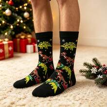 1 Pair 40cm Christmas Dinosaur Fun Mid-Calf Socks, Cartoon Jacquard Pattern, Soft & Skin-Friendly, Personalized Holiday Outfit Accessory - Black - View 6