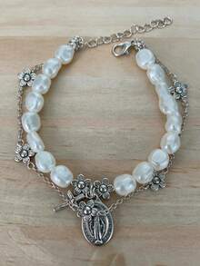 1pc Faux Pearl Beaded Flower Cross Virgin Mary Charm Multi-Layer Bracelet, Fashion Vintage Style, Suitable For Daily Wear, Jewelry Gift - Multicolor - View 16