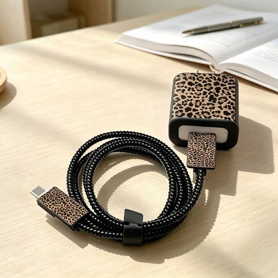 Leopard Print Charger & Cable Protector Set, Durable Apple 18-20W Charging Cable Protective Case, Anti-Breakage Cable Organizer - Multicolor - View 1