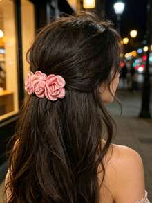 2/1pc French Gentle Pink 3D Fabric Rose Hair Clip Flower Spring Snap Clip Fall Style Dating Evening Party Half-Up Hairstyle Romantic Atmosphere Head Accessory - Multicolor - View 2