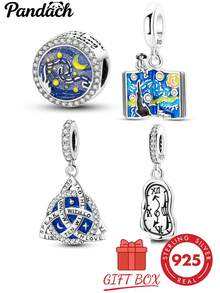 1pc S925 Sterling Silver Artistic Painting Bead, Van Gogh Starry Night, Melting Clock, Celtic Knot Pendant, Blue Glitter Enamel & Rhinestone Craft, Vintage Artistic Texture, Gift Box Included, Suitable For Bracelet & Necklace, Handmade DIY Jewelry Making, Art Lover Collection & Gift Accessory - Multicolor - View 12