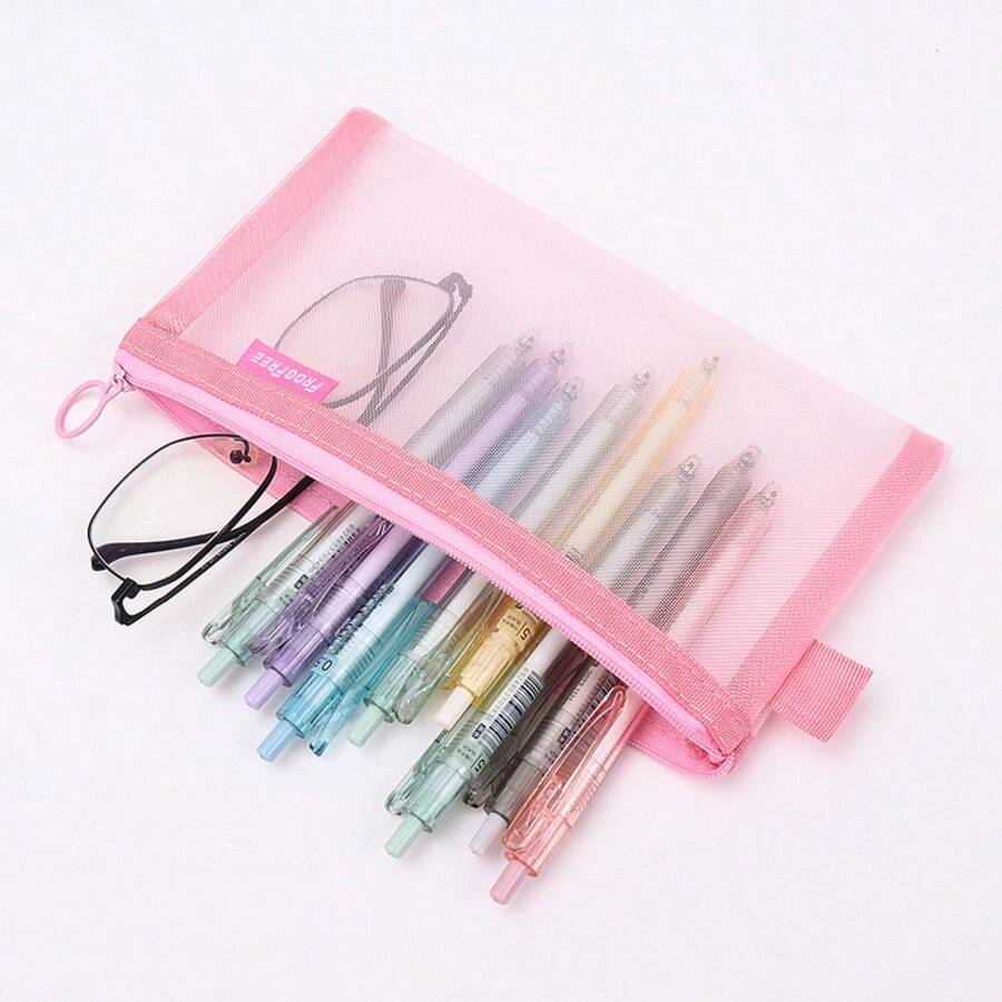 1/3 Transparent Mesh Pencil Case, Student Teacher Office Stationery Storage Bag, Portable Large Capacity Learning Stationery Pencil Bag - A - View 1