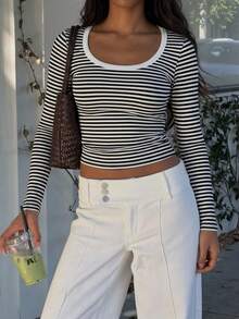 Women's Striped Knit Long Sleeve Loose Fit T-Shirt - Black - View 4