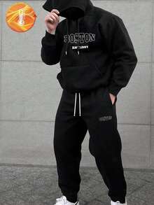Plus Size Men's Boston Letter Print Casual Hoodie & Pants Set - الأسود - مشاهدة 1