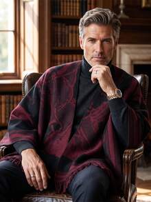Men's Vintage Sketch Portrait Jacquard Knit Cardigan Poncho Shawl, Autumn/Winter Warm Blanket-Style Outerwear With Tassel Hem, Casual Split Jacket "Poncho" - Multicolor - View 2