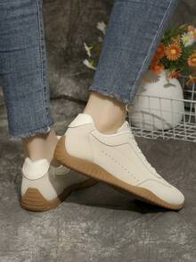 Women Casual Sneakers, Lace Up Design, Rounded Toe Structure - Beige - View 5