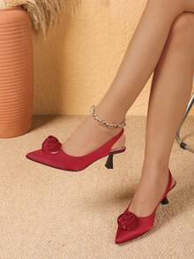 Sexy Fashion Floral Decor Pointed Toe Wine Glass Heel Slingback Women Red High Heels - Red - View 1