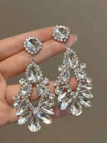 1 Pair Luxury Sparkling Glass Rhinestone Dangle Earrings Suitable For Women's Banquet And Party Wear - Silver - View 5