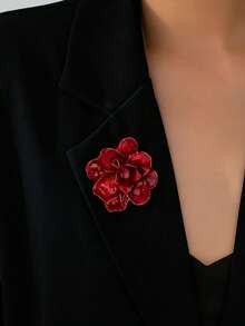 1pc French Style Heavy Work Camellia Flower Brooch, 3D Petal Design, Luxury Evening Dress Coat Flower Decoration Pin - Burgundy - View 3