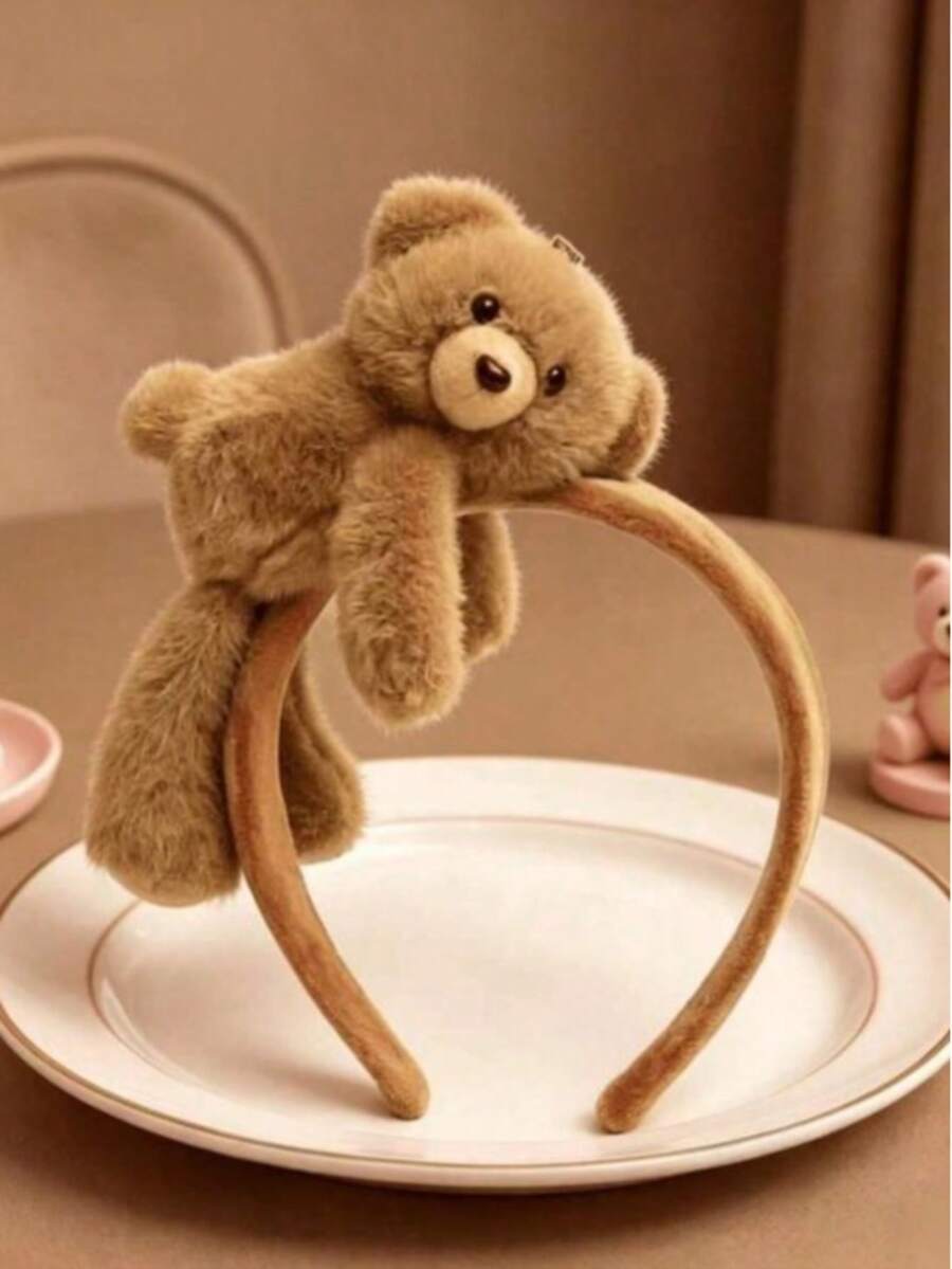 1 Girl 3D Bear Ear Plush Headband, Fluffy Cute Face Washing Everyday Versatile Hair Accessory - Multicolor - View 1