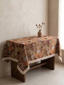 1pc Brown Base Vintage Autumn Floral Plant Print Tablecloth, Retro Natural Style Jacquard Fabric, Rectangular Beige Tassel Edge Detail, Stain-Resistant Desktop Protection Functional Long Tablecloth Suitable For Daily Home And Natural Dining Table Decor Scenes - Brown - View 10