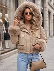 Women's Cropped Hooded Jacket Artificial Fur Trim Zip Snap Front Drawstring Hem - Beige - View 2