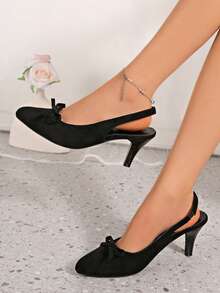 French Style Pointed Toe Slingback High Heel Shoes For Women, Suede Bow Thin Heel Low Vamp Elegant Commuter Sandals - Black - View 2
