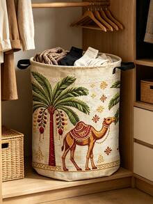 2D Flat Date Palm Tree Pattern Makeup Storage, Decorative Bohemian Style Laundry Basket, Round Laundry Basket, Craft And Sewing Supplies Storage, Camel, Date Palm Tree Pattern - Suitable For Bathroom Storage, Bedside Organizer With Sturdy Handle Storage Basket For Room Decoration, Laundry Basket - Multicolor - View 7