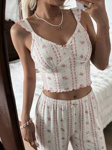 Women's Floral Print Camisole & Long Pants Casual Pajama Set - White - View 4