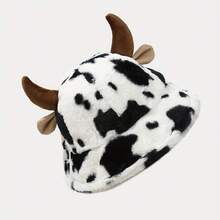 Black & White Cow Print Plush Bucket Hat, Cute Cow Horns Thick Warm Bucket Hat, Fashionable Versatile Hat, Pattern Position May Vary Slightly, Randomly Sent - Multicolor - View 3
