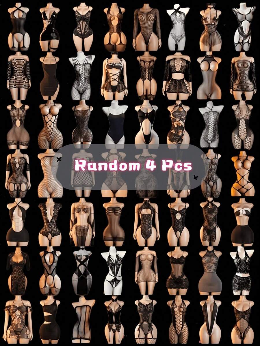 4pcs Black Random Shipment, Sexy Lace Lingerie Set, Includes Mesh Bra Top And Sheer Panties, Romantic Slim Fit Jumpsuit, Suitable As Holiday Gift - Multicolor - View 1